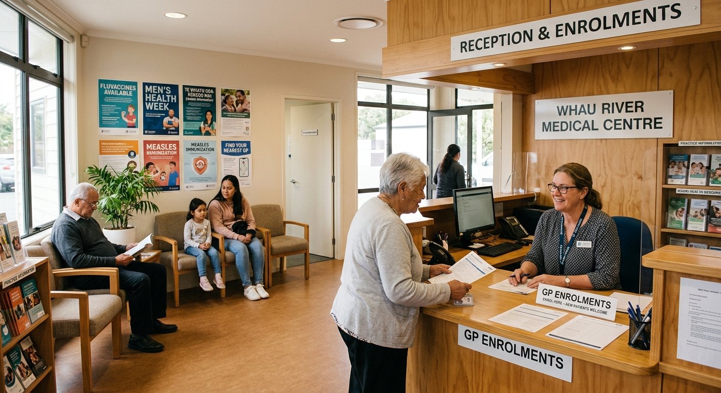 GP clinic reception desk in New Zealand — healthcare in New Zealand starts with enrolling at a local GP practice