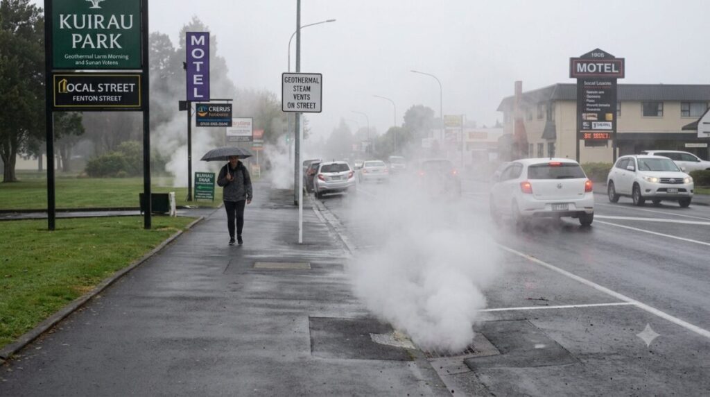 New Zealand destination — geothermal steam rising from a street in Rotorua