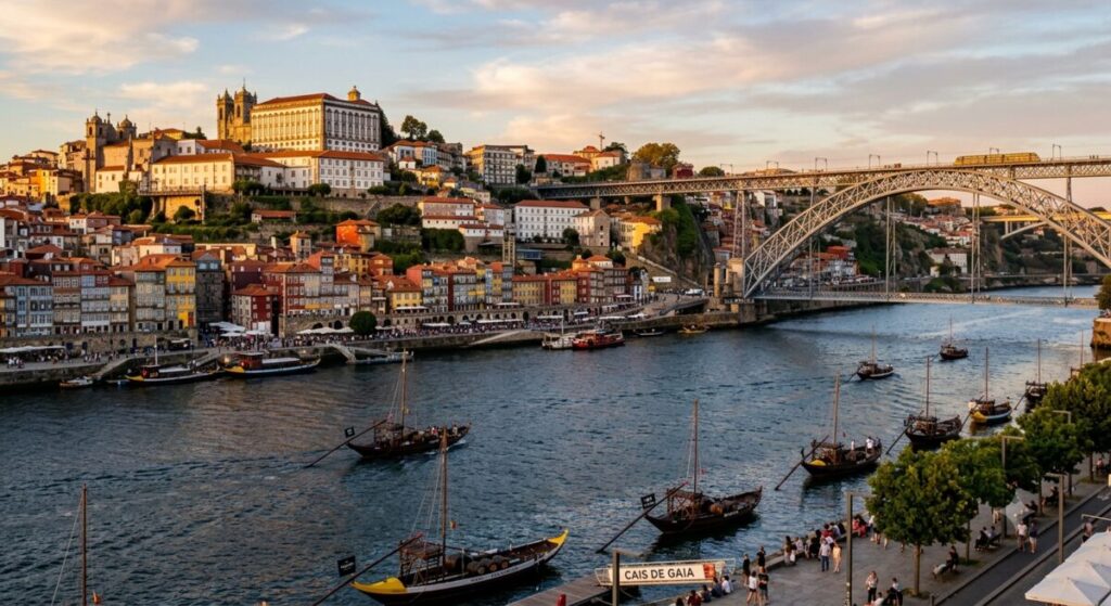 Portugal — Porto Ribeira waterfront with rabelo wine boats and the Dom Luís I bridge across the Douro