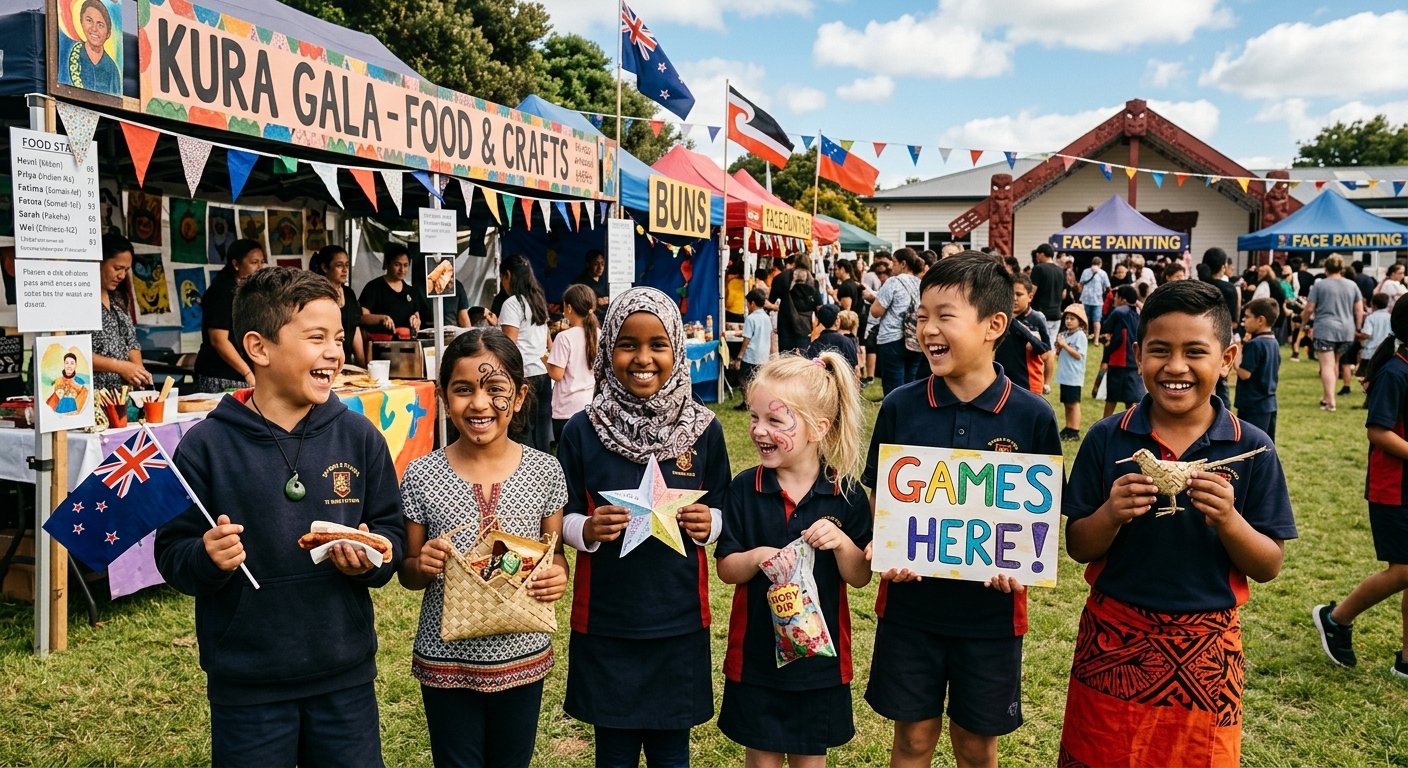 Diverse children at a New Zealand school event — settling in after moving to New Zealand with a family
