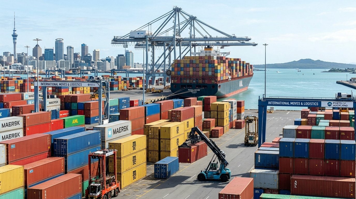 Shipping containers at a New Zealand port — one of the key costs when moving to New Zealand from overseas