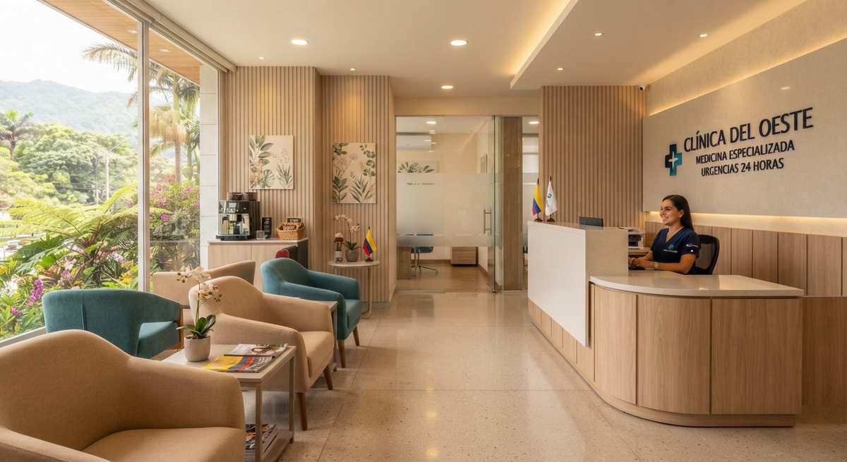 Healthcare in Colombia — clinic reception where foreigners enrol in EPS or Medicina Prepagada