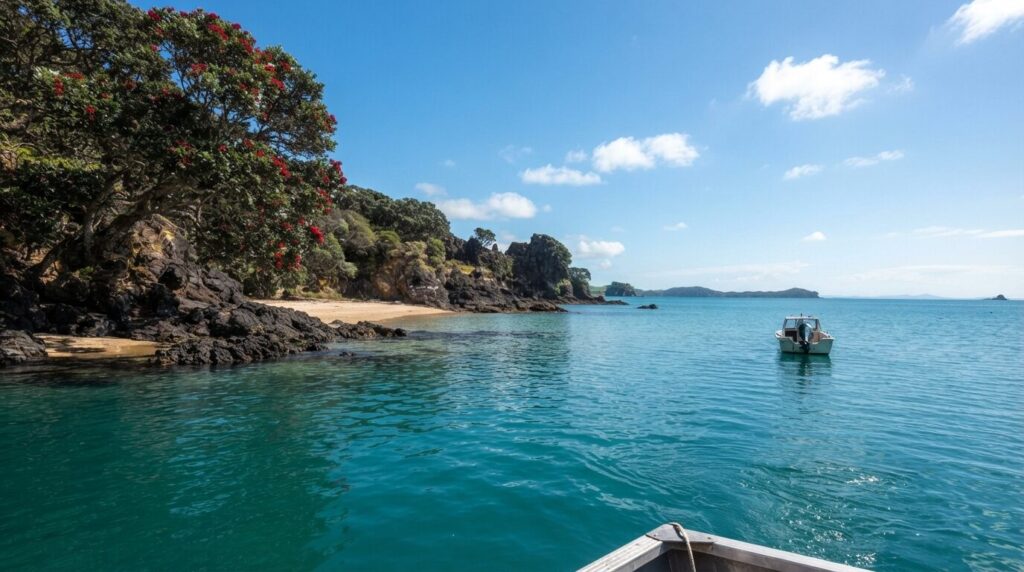 Bay of Islands pohutukawa tree over turquoise water, New Zealand