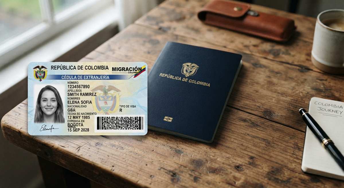 Moving to Colombia — a Colombian cédula and passport visa stamp, the residency paperwork every route runs through