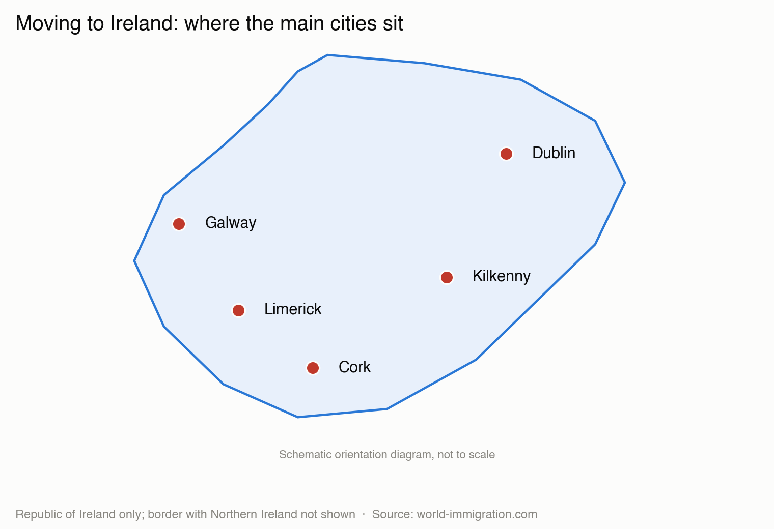 Moving to Ireland — map showing Dublin, Cork, Galway and Limerick