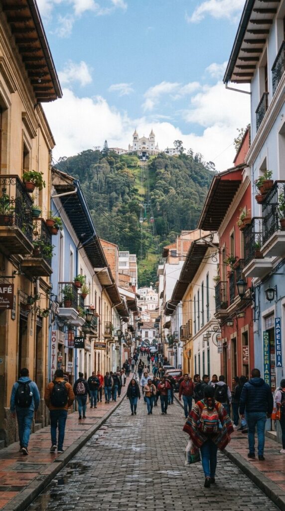 A cobblestone street in Colombia with a hilltop church in the background